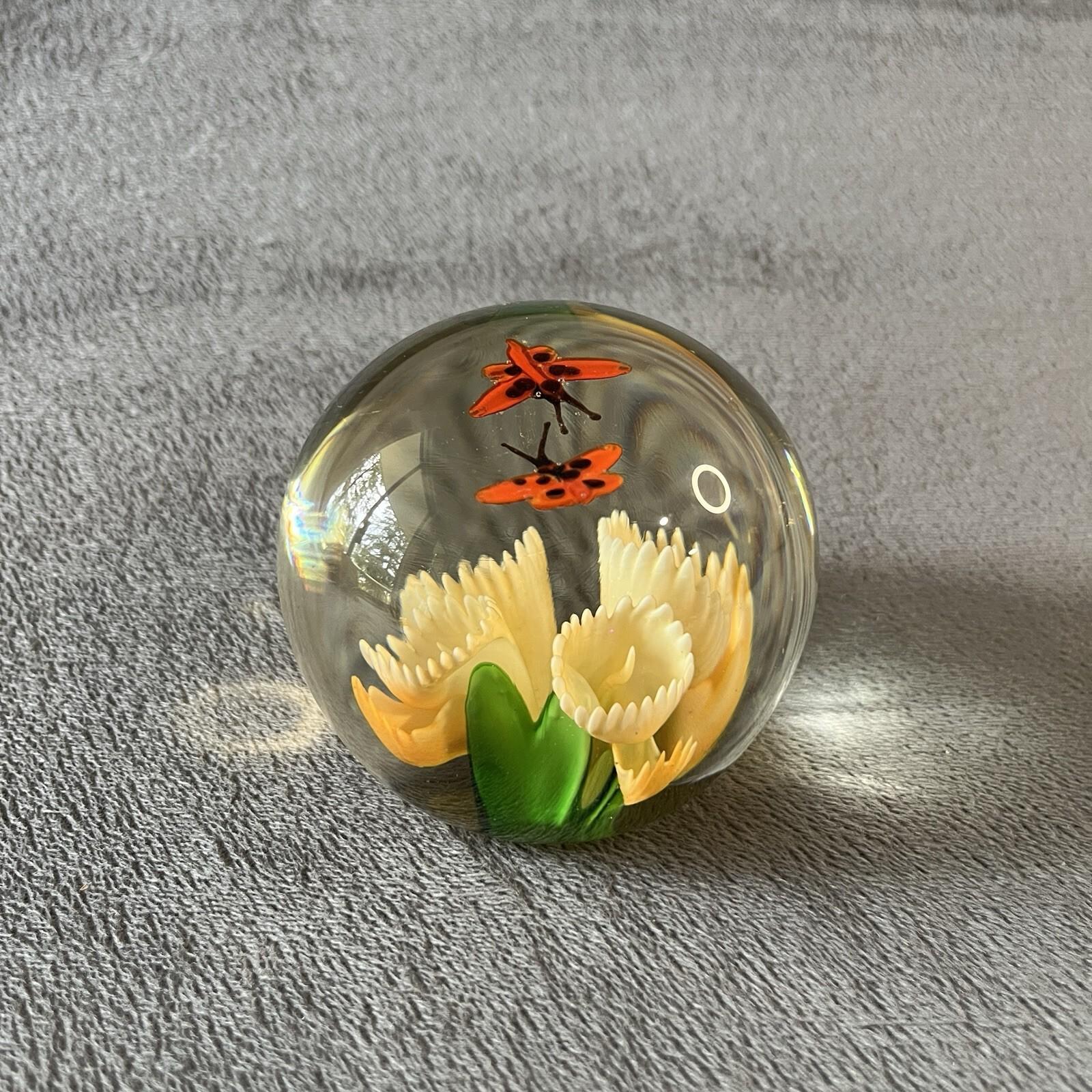 Dynasty Gallery Heirloom Collection Glass Paperweight Yellow Flowers Butterflies