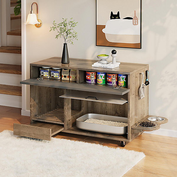 Armoire litière chat 100x45,5x67cm - gris antique-brun/chêne, bac inclus