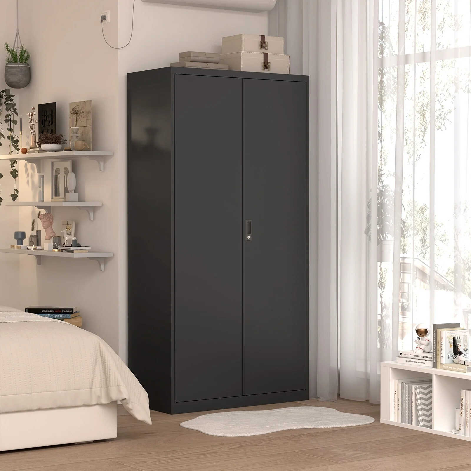 35.4 Modern Metal Armoire with Adjustable Shelves, Hanging Rod and Lock for Bedroom