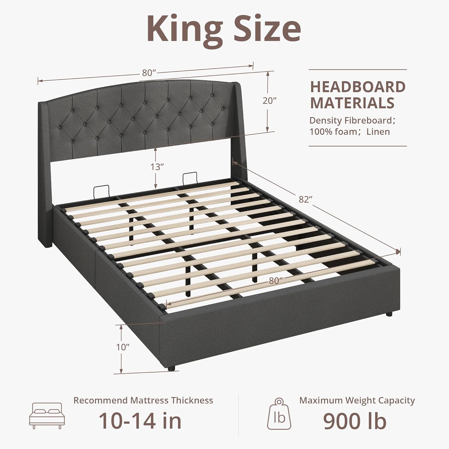 EGOHOME King Size Metal Bed Frame,Hydraulic Lift System and Modern Wingback Design,Heavy-Duty Steel Construction & 900lb Capacity,Effortless Assembly with Ratchet Wrench,No Box Spring Needed,Dark Grey