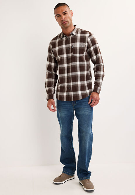 Mens Chocolate Flannel Check Long Sleeve Shirt
