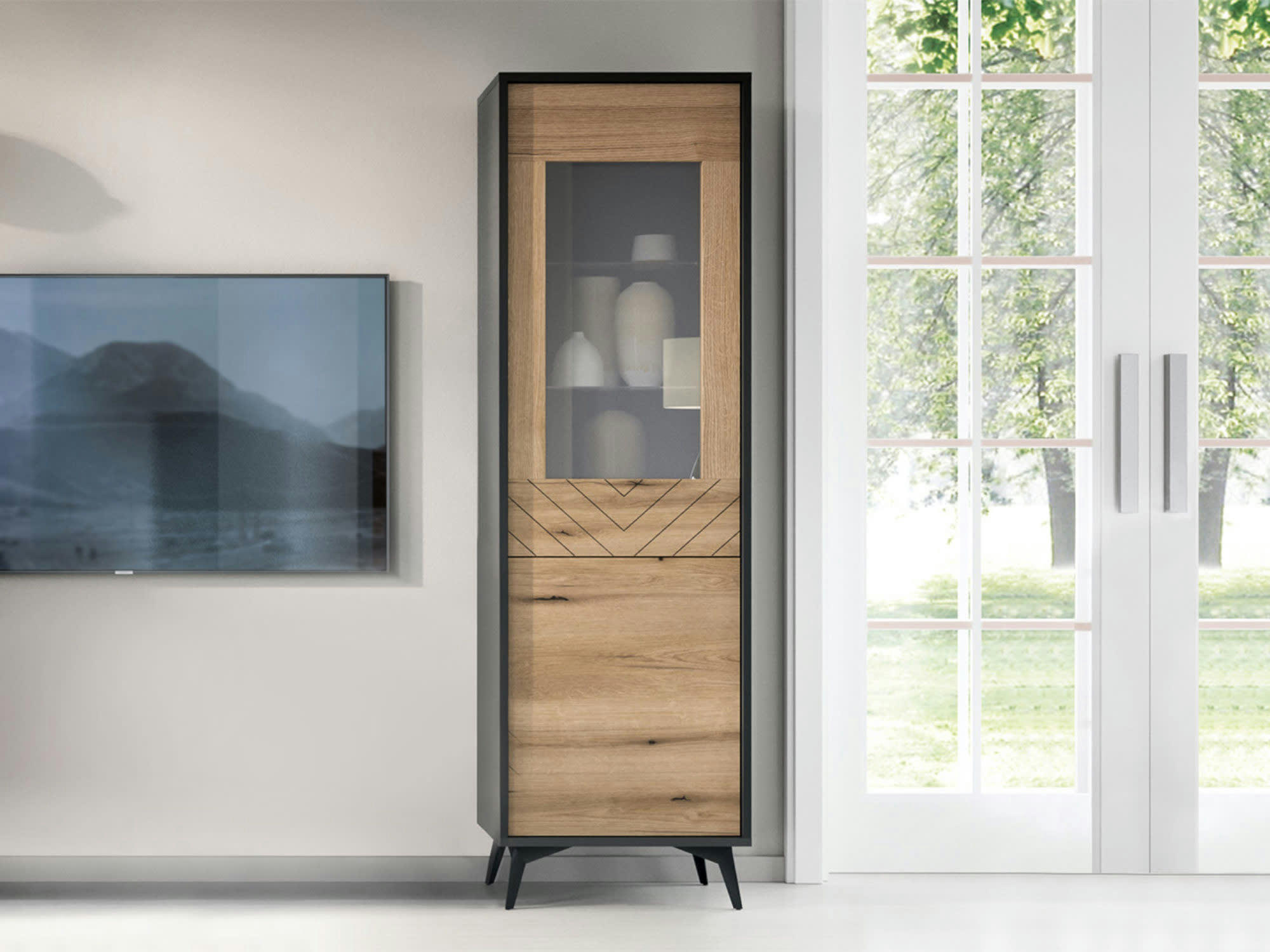 PETER - Vitrine style industriel 54 cm noir / bois