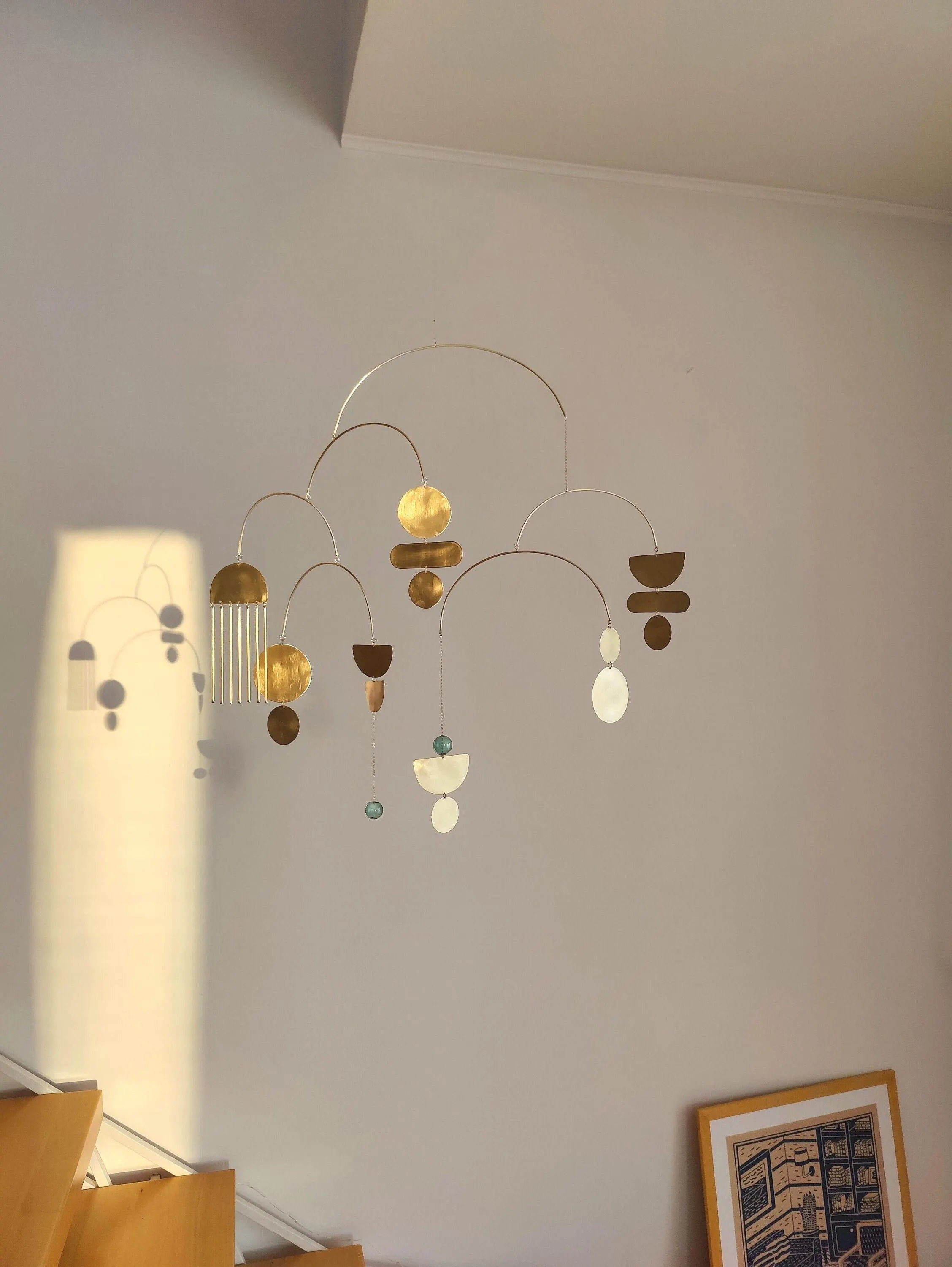 Brass kinetic mobile. Modern hanging art sculpture. Mid-century decor. Glass suncatcher