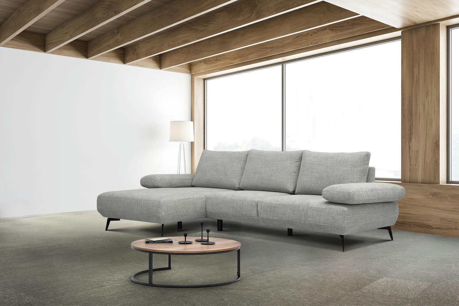 MELLO - Canapé d'angle gauche 4 places tissu gris clair