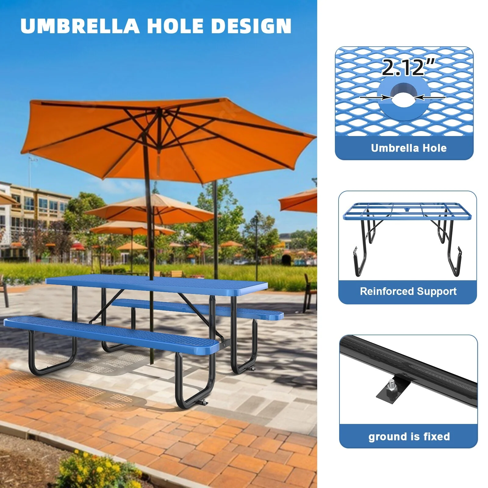 72 Expanded Metal Rectangular Picnic Table, Blue With Umbrella Hole