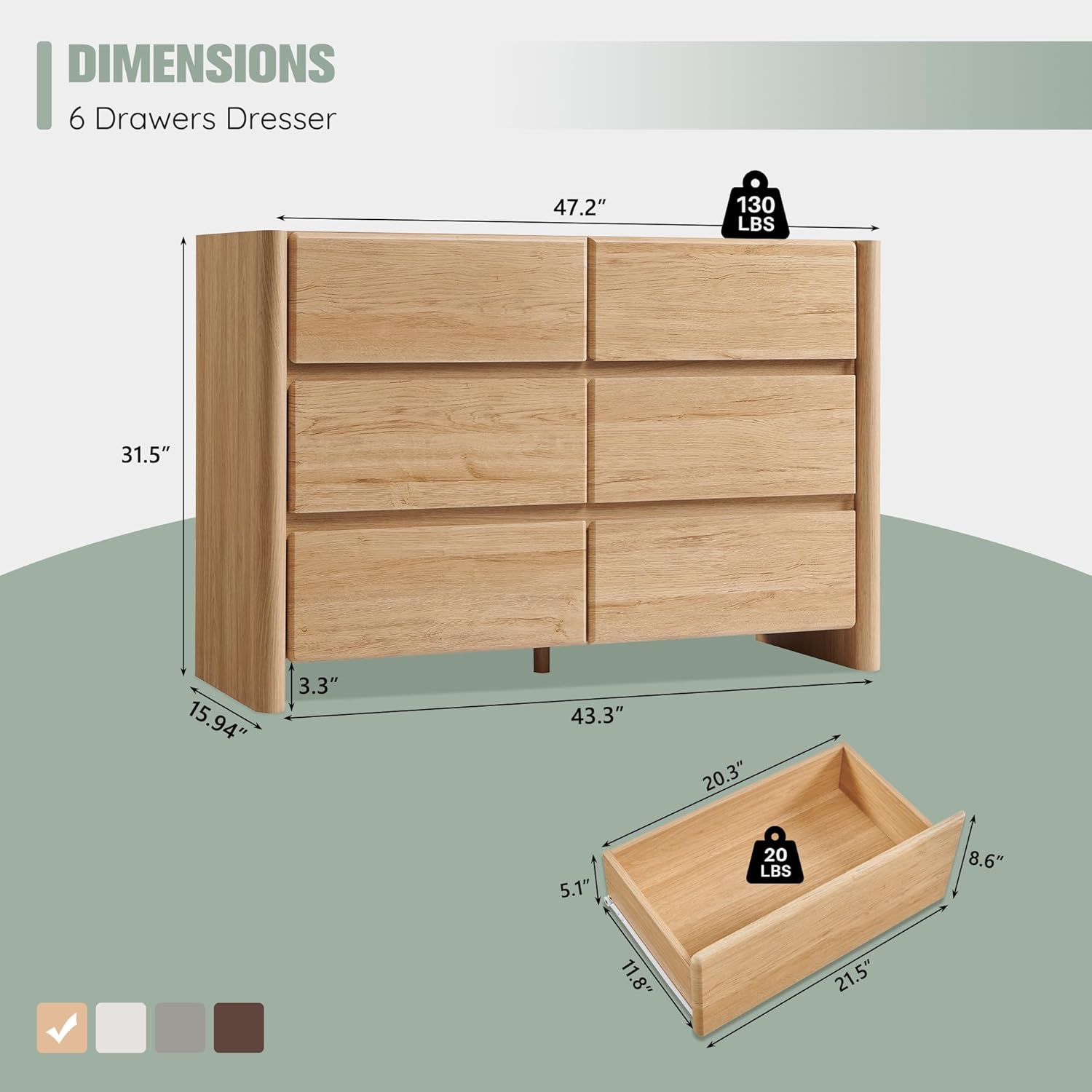 Modern 6 Drawers Dresser for Bedroom, 47 Wide Dresser w/Large Storage & Rounded Corner, Wood Handleless Chests of Drawers w/Natural Texture for Bedroom, Hallway, Living Room-Natural