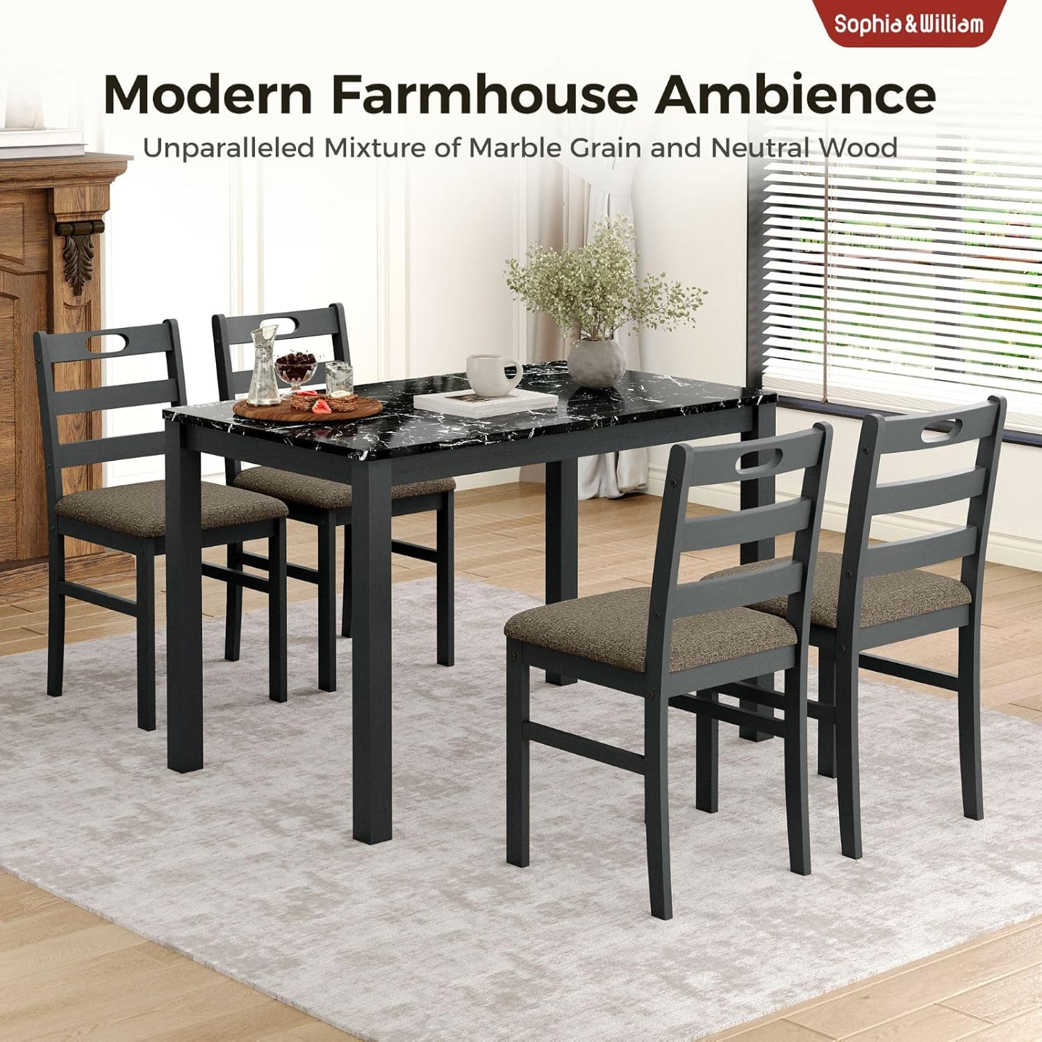 Sophia & William 5 Piece Dining Table Set for 4, Faux Marble Kitchen Table and Chairs Set, Solid Wood Farmhouse Dinner Table Set,Veined Black Marble & Gray