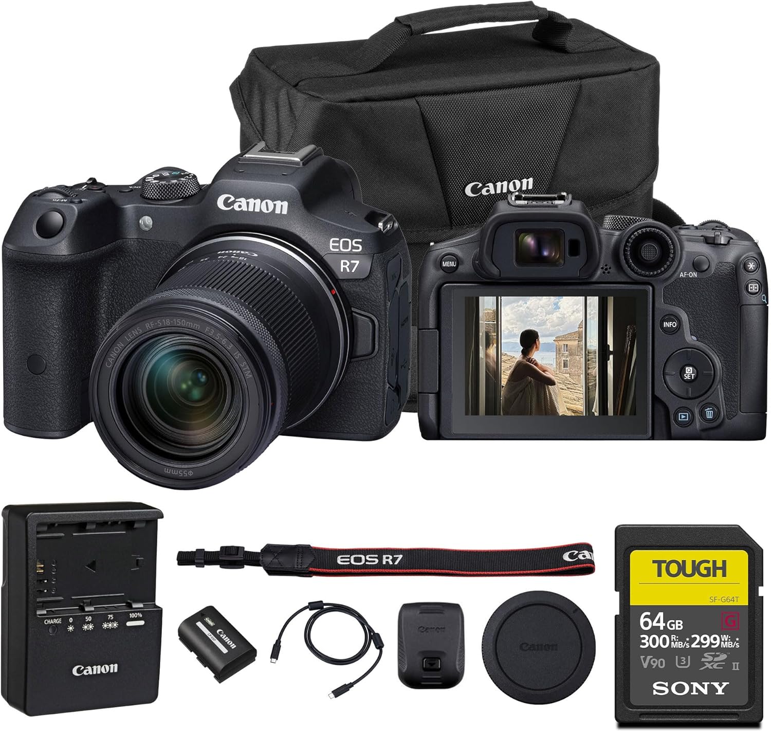 Canon EOS R7 Mirrorless Camera with 18-150mm Lens | Speed  Precision  and Versatility for Hybrid Creators (5137C009) + 64GB Memory Card + Canon Shoulder Bag