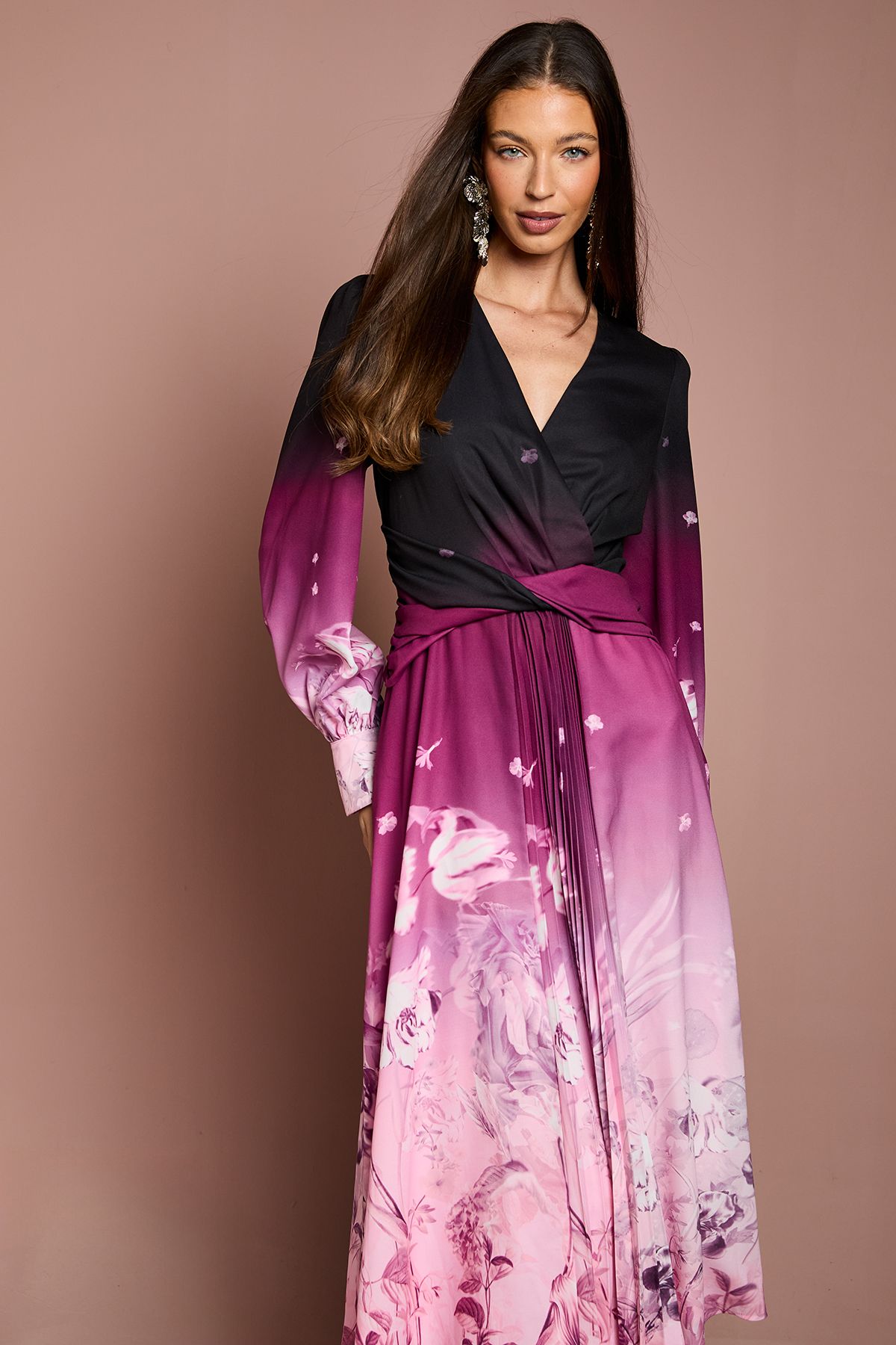Coast Pleat Waist Boarder Print Organza Midi Dress