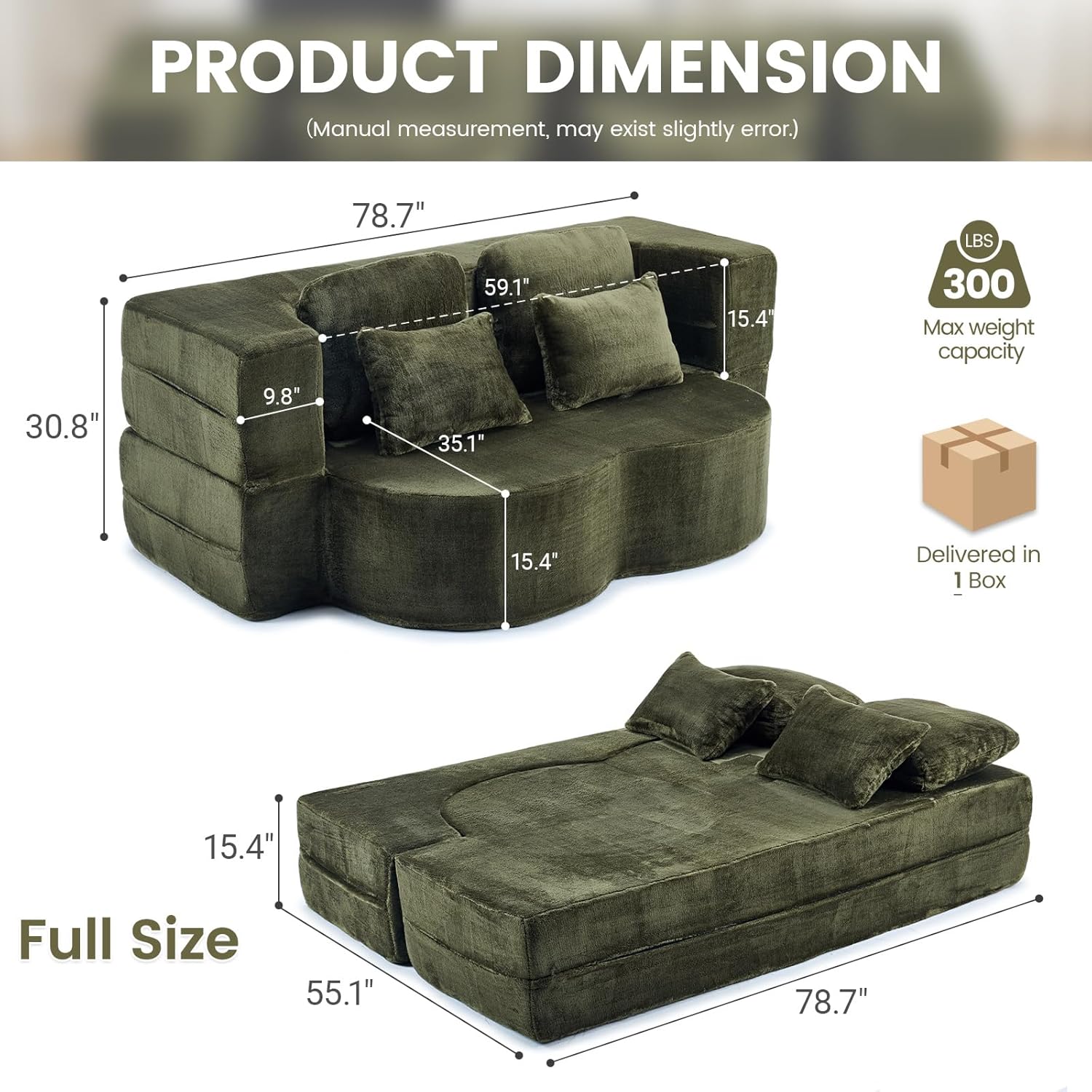 Convertible Folding Sofa Bed, 78” Full Size Loveseat Sleeper Sofa, Chenille Foldable Boneless Floor Couch with 4 Pillows for Guest Living Room Bedroom, No Assembly Required (Green)
