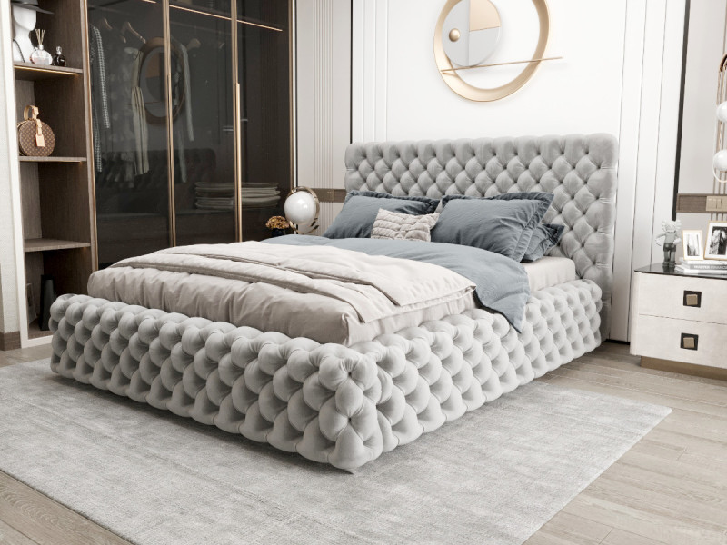 Łóżko Styl Chesterfield Figo Extra Szare Stelaż Drewno 140