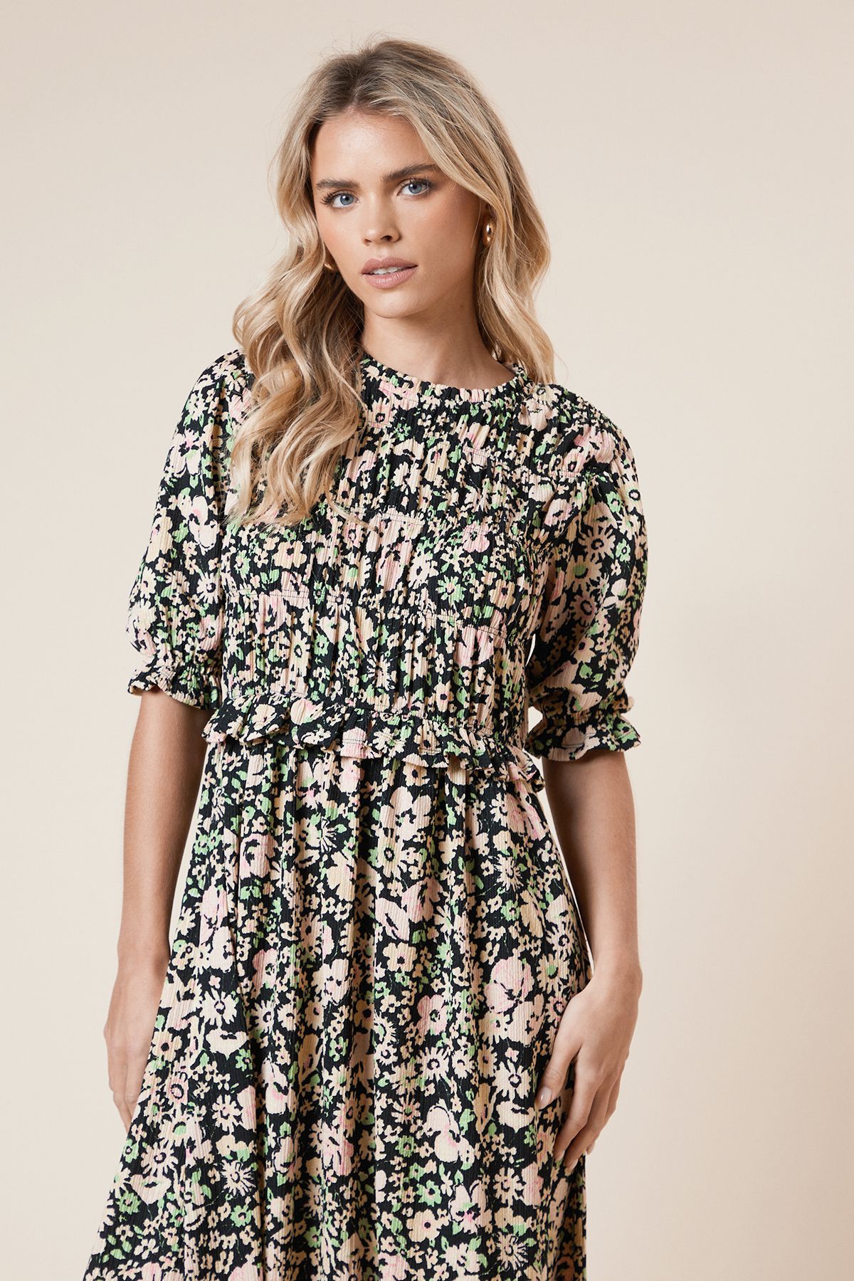 Dorothy Perkins Petite Puff Sleeve Floral Shirred Bodice Peplum Midi Dress