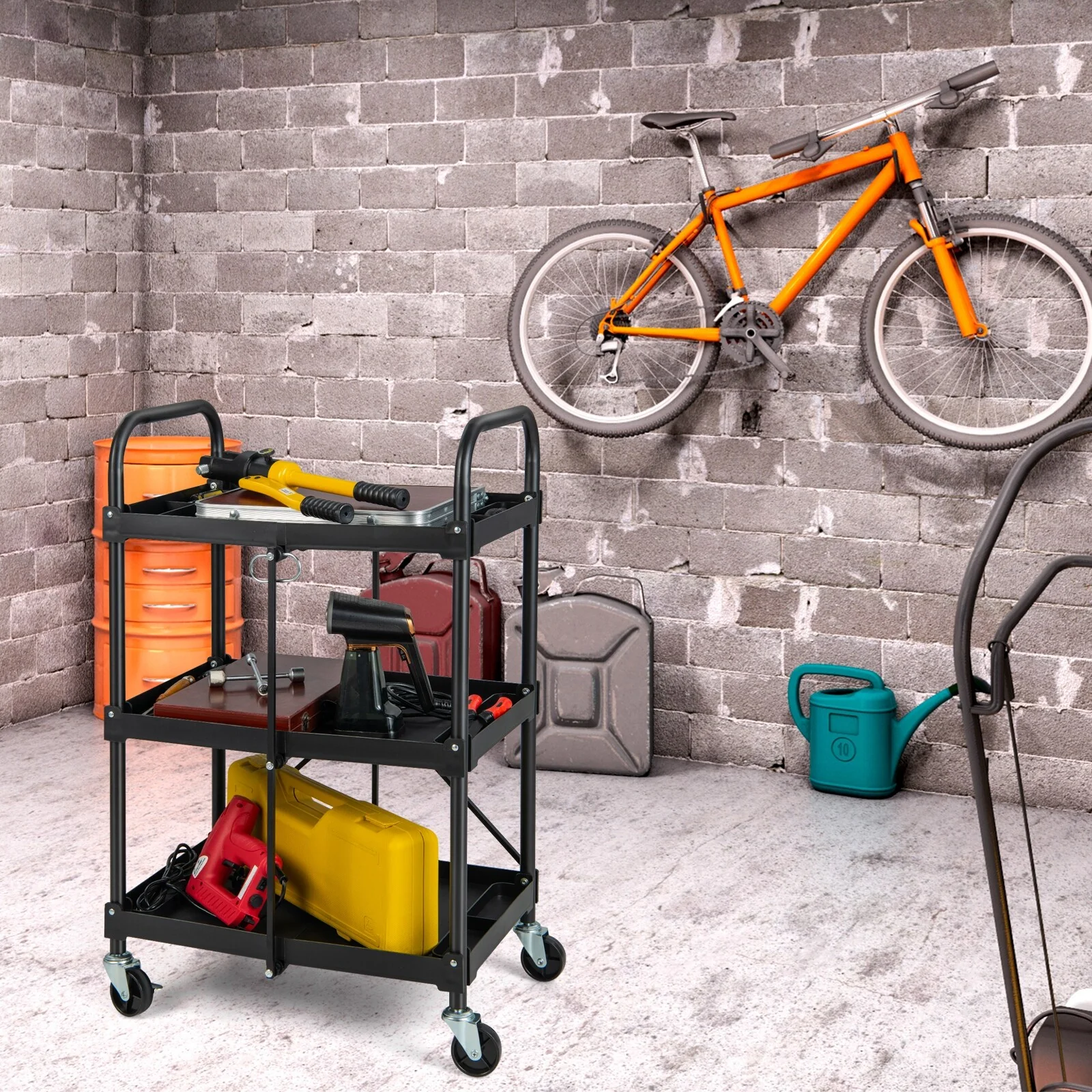 Costway Folding Collapsible Service Cart Heavy-Duty 3-Shelf Tool Cart - 24'' x 17'' x 38'' (L x W x H)