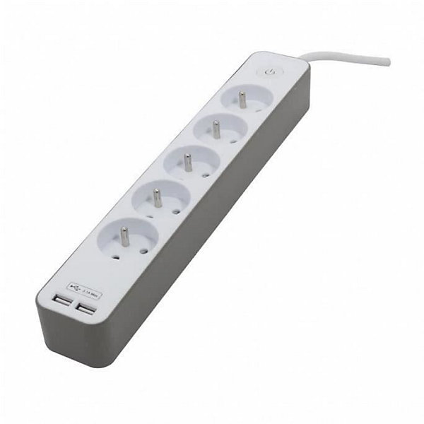 CHACON Bloc multiprise 5 prises 16 A avec 2 ports USB et cable 1,5 m HO5VV-F 3x1,5 mm2 blanc et brun