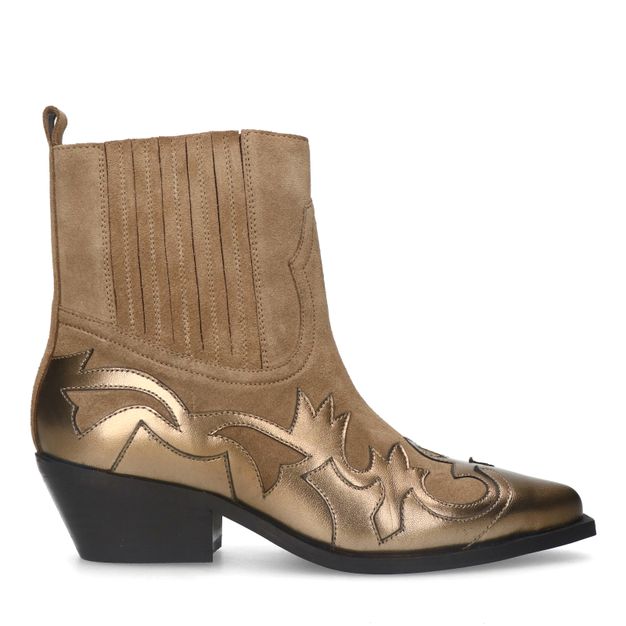 Beige suède cowboylaarsjes met bronzen details