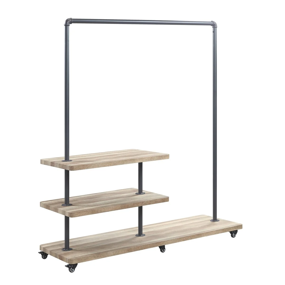 Industrial KD Coat Racks Metal Water Pipe Style Frame Support Hanger with 4 Tier Composite Wood Storage Shelf & Wheels