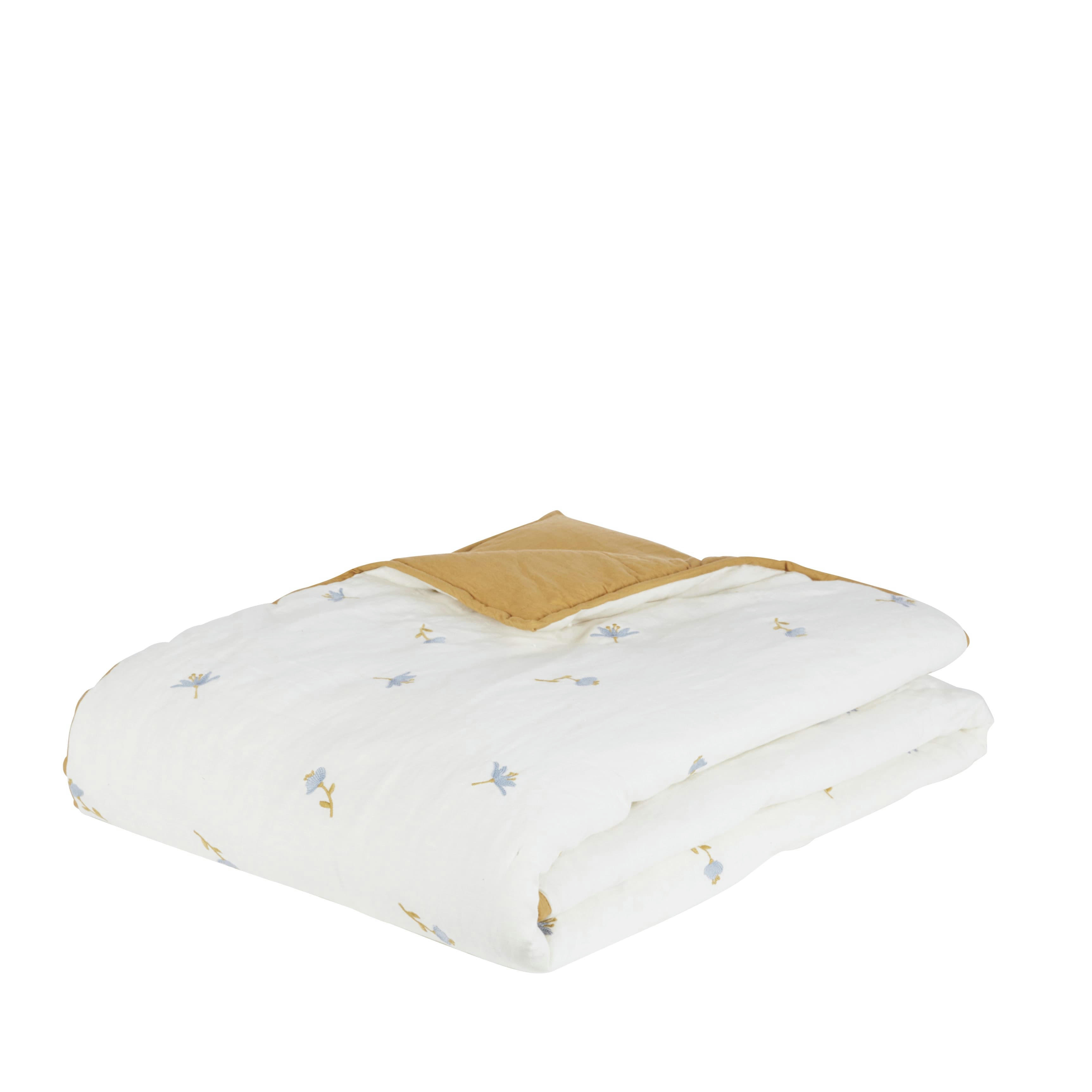 SORO - Boutis en coton et lin motif brodé fleurettes ocre et bleu 100x200
