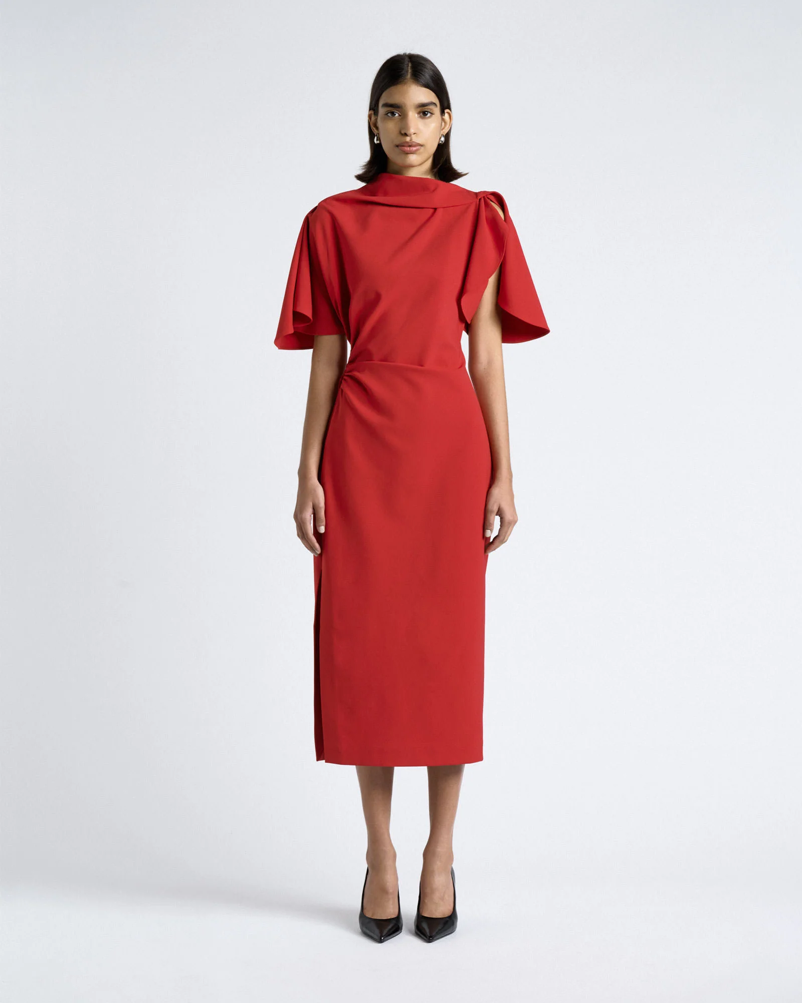 Crepe Draped Neck Midi Dress
