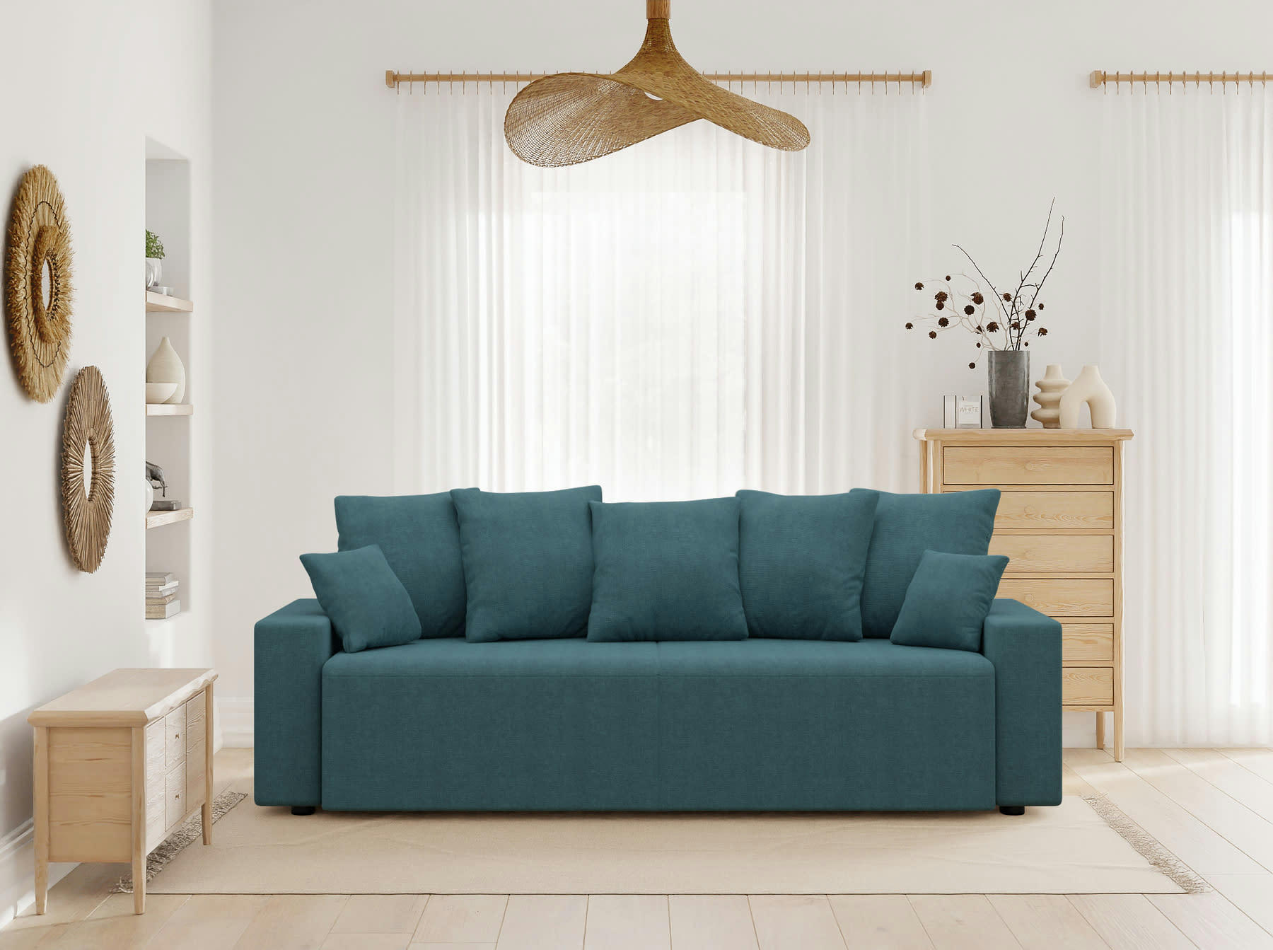 ALMA - Canapé droit convertible en tissu 3 places bleu paon