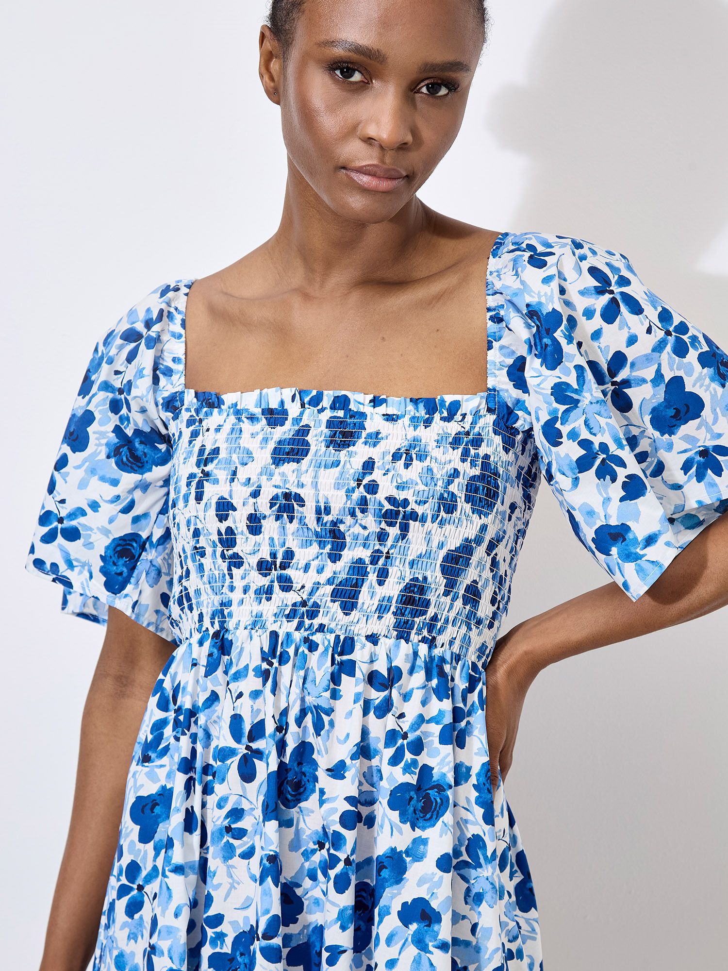 Apricot Smocked Cotton Floral Mini Dress