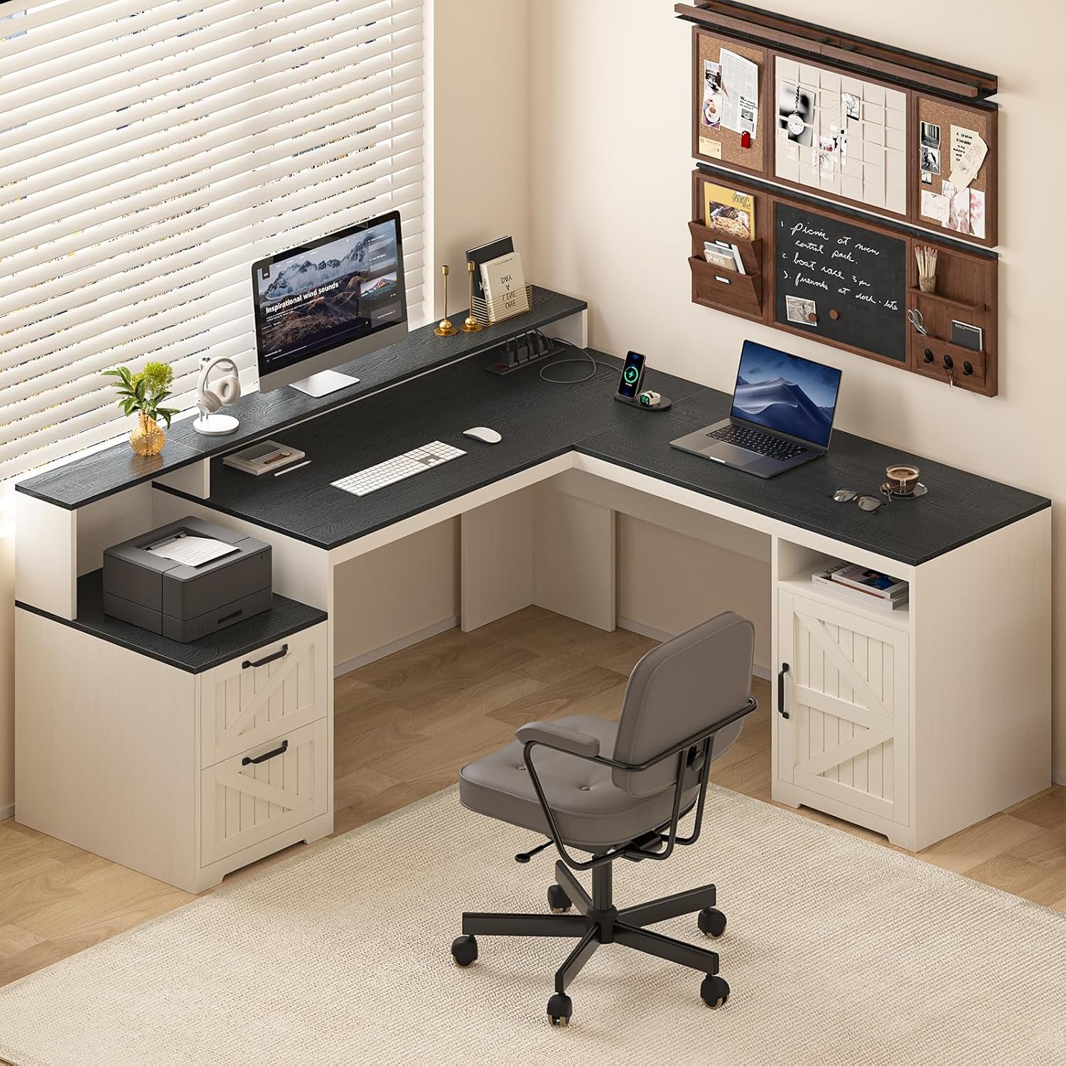 63 Farmhouse L Shaped Executive Desk with Drawers & Storage Shelf, Corner Computer Desk with Power Outlets, L Shaped Office Desk with Monitor Stand, Printer Shelf, Black and White