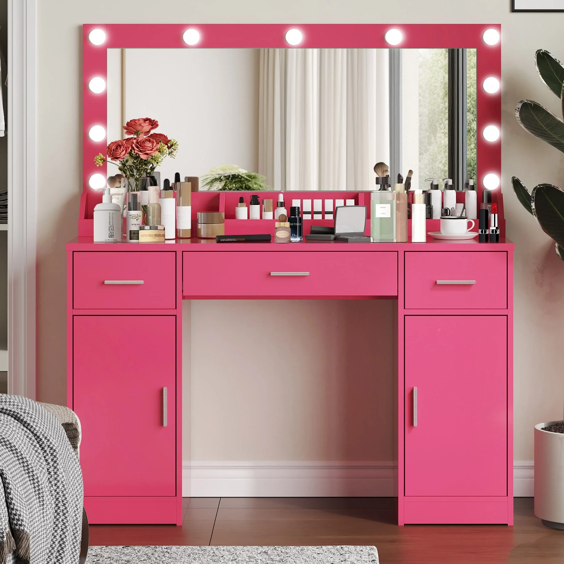 Modern Makeup Vanity with Mirror,3 Drawers & 2 Vertical Cabinets