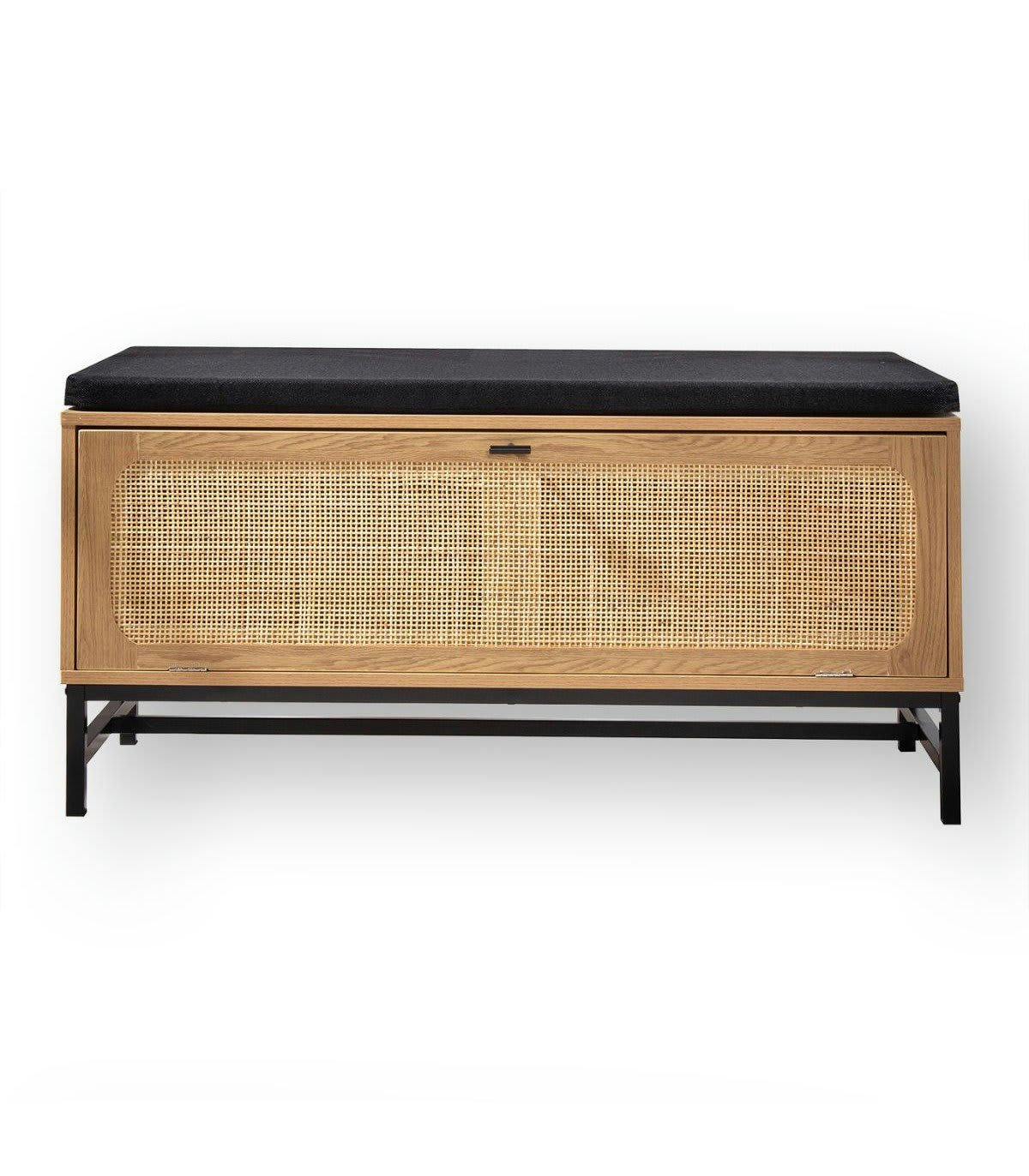 JAYA - Banc avec rangement chaussures effet bois et façade en rotin L100 cm