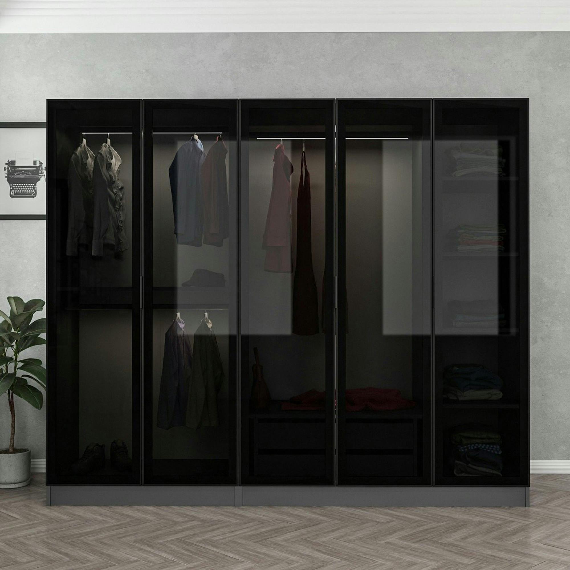 Armoire dressing design gris 5 portes verre H 190 cm BYRON