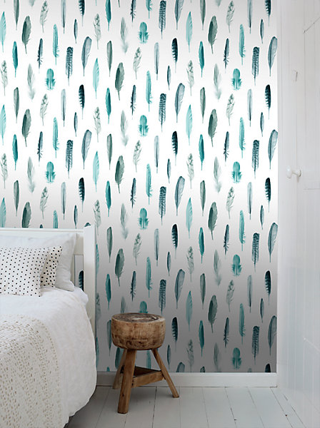 ESTAhome papier peint plumes turquoise et blanc mat 53 cm x 10.05 m