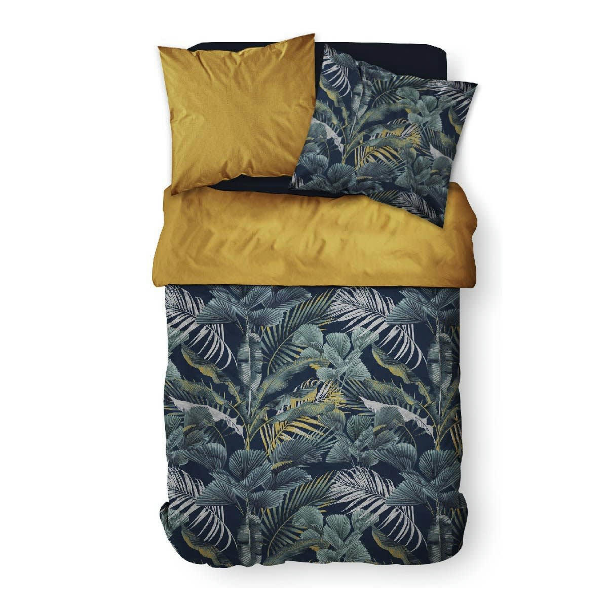 SUNSHINE - Parure de lit 2 personnes imprimé jungle en Coton Bleu 240x260 cm