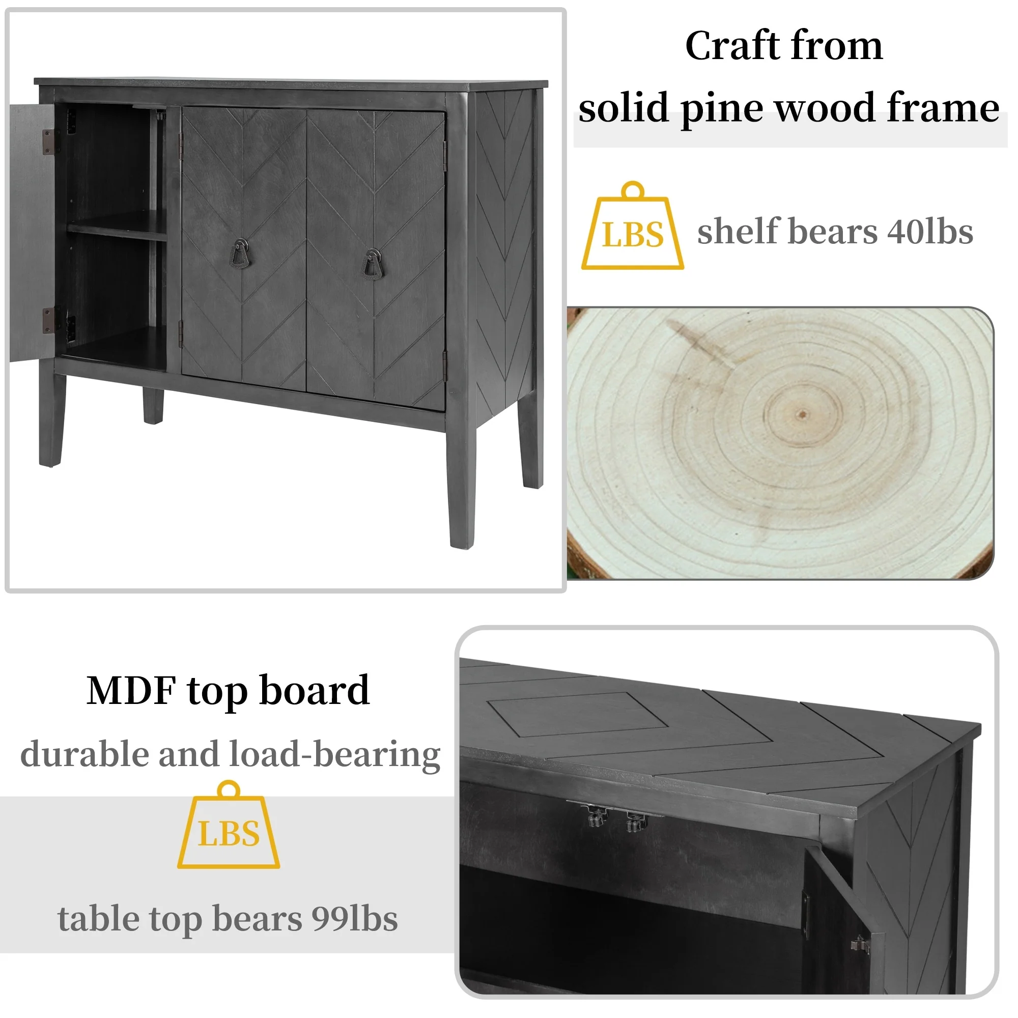 37 MDF Rustic with Adjustable Shelves - Solid Pine Legs & Metal Handles