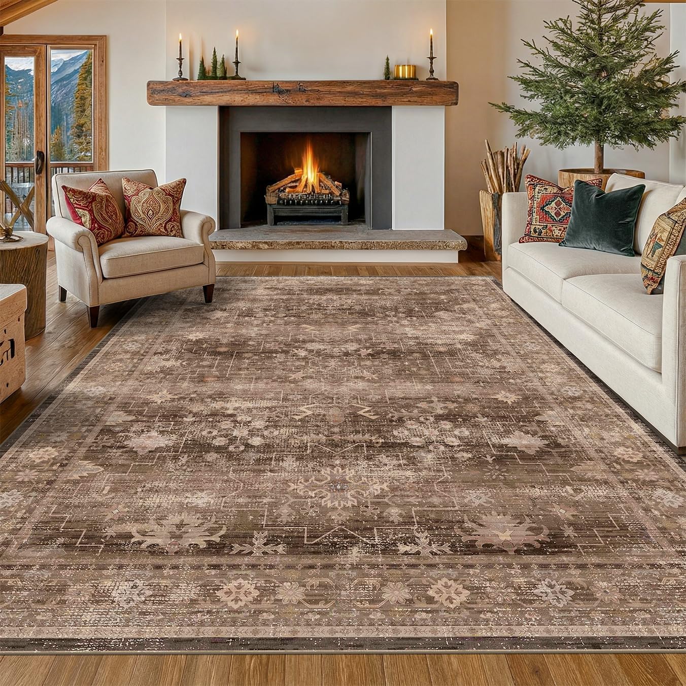 Hazo Haus Boho Taupe Brown Living Room Rug 8x10 - Modern Vintage Traditional Eclectic Oriental Neutral, Washable Low Pile Non-Slip Extra Large Area Rugs for Dining Under Table Bedroom Lounge