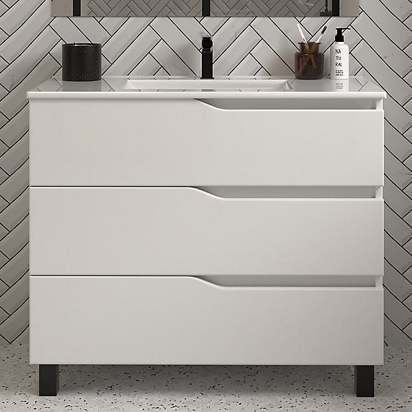 Meuble sous vasque seul, 3 tiroirs, 80cm, simple vasque - blanc mat - MATA