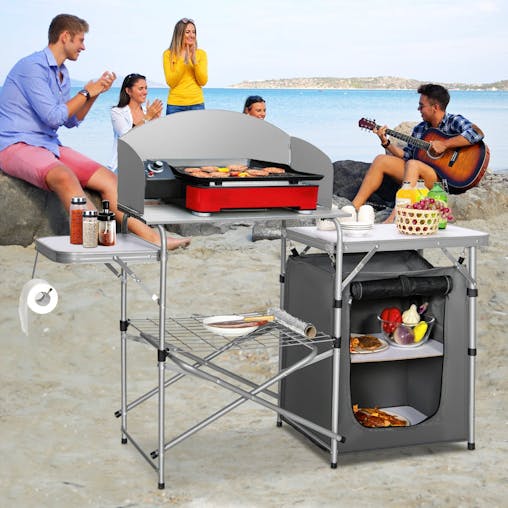 NNECW Folding Camping Table with Storage & Windscreen for BBQ & Party-Gray