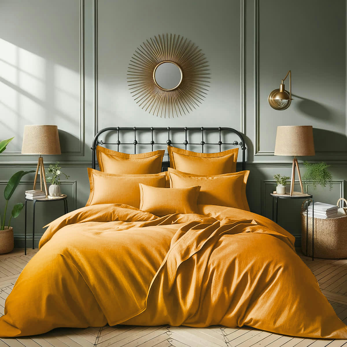 JULIA - Drap housse satin de coton  180x200x40 jaune safran