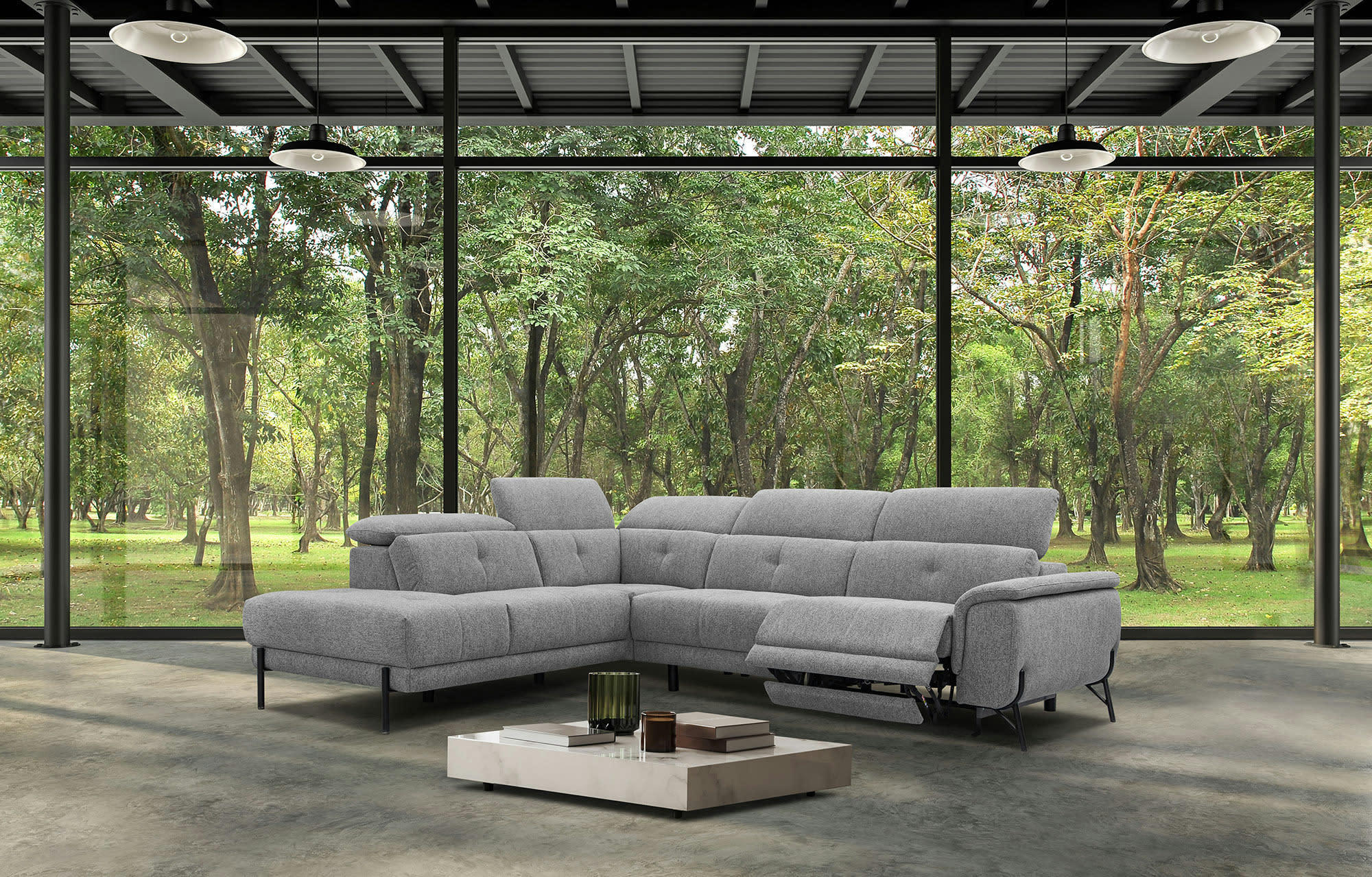 AVENA - Canapé d'angle gauche 5 places avec une relax électrique tissu gris