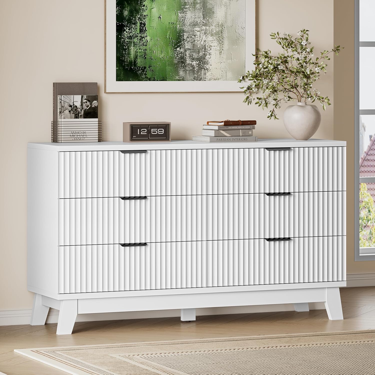 53 Long Dresser for Bedroom, 6-Drawer Dresser with Fluted Fronts, Wide Wood Chest of Drawers, Smooth Metal Slides, Stable Base, Modern Clothes Storage Cabinet for Living Room, Hallway