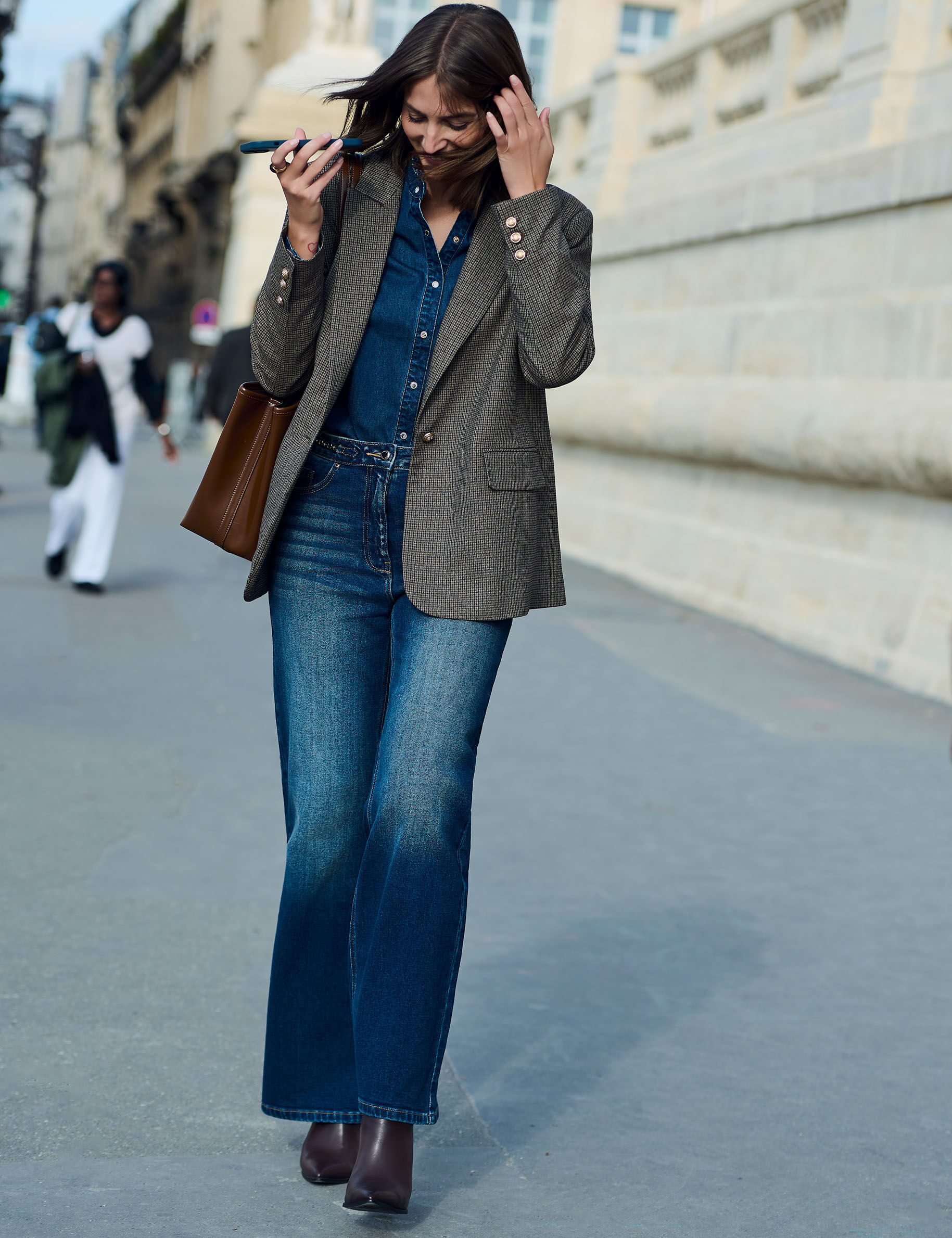 High-Waisted Wide-Leg Jeans Denim Stone Women