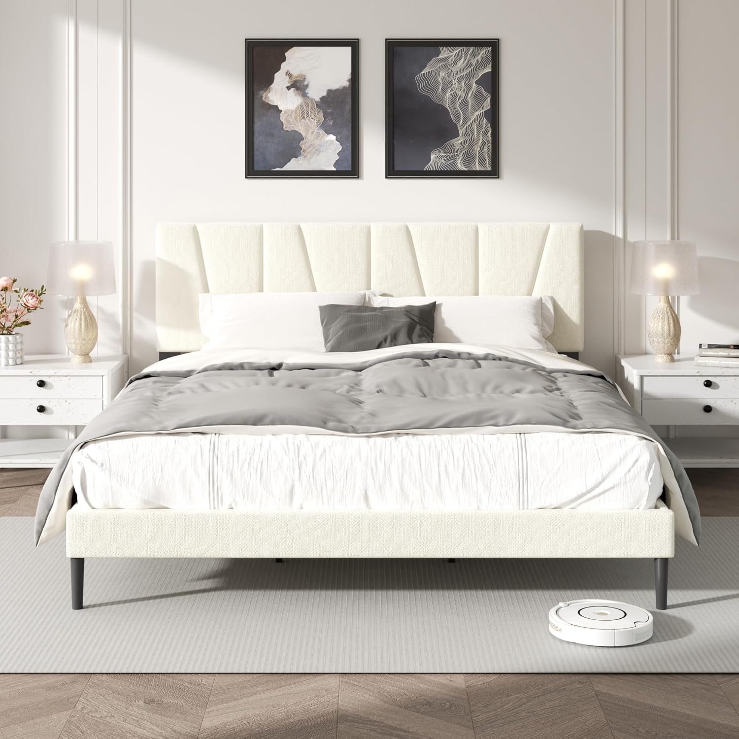 King Size Bed Frame with Fabric Upholstered Headboard, Platform Bed with Wooden Slats Support, Fully Mattress Foundation, Box Spring Optional, Easy Assembly