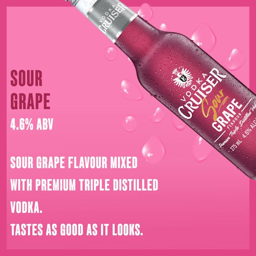 Vodka Cruiser Sour Grape, Refreshing Flavoured Pre-Mixed Vodka Drink, 4.6% ABV, 275mL (Case of 24 Bottles)