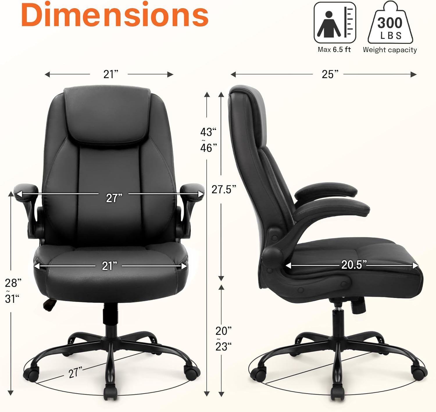NEO CHAIR Office Desk Gaming Computer Home Chair Ergonomic Executive High Back Support Flip-up Arms Adjustable Height Swivel Rolling Wheels Comfy PU Leather (Black)