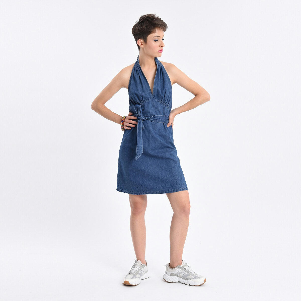 Robe denim ceinturée en coton
