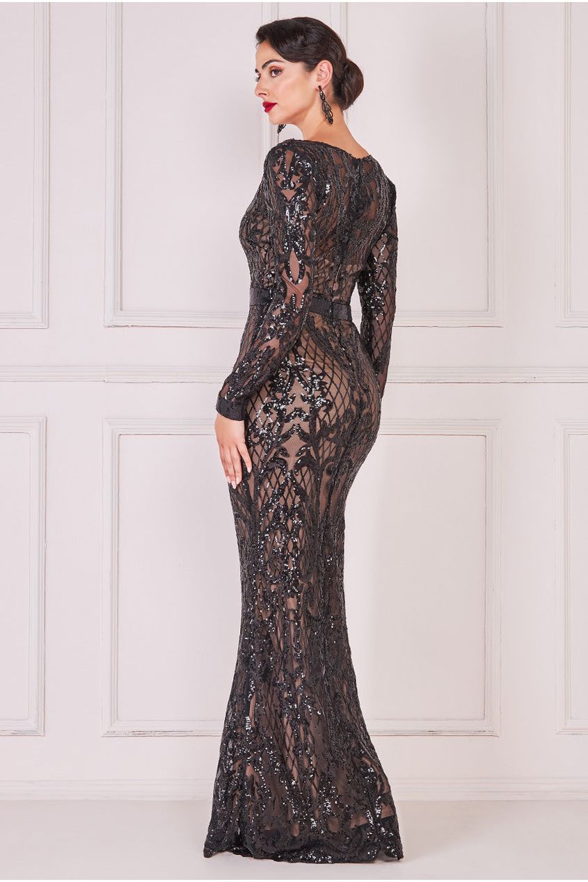 Goddiva Sequin Square Neck Maxi With Scallop Hem