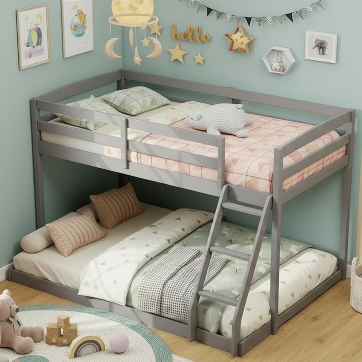 KOMFOTT Low Bunk Bed Twin Over Full, Solid Wood Twin Bed Frame with Built-in Ladder & Safety Guardrails, Space-Saving Low Bunk Bed for Kids, Teens, No Box Spring Needed