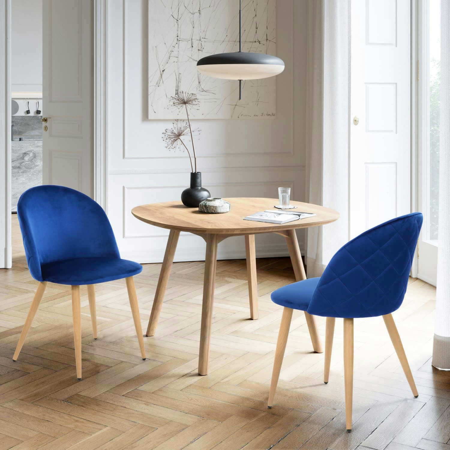 - Lot de 2 chaises de salle à manger scandinaves en velours bleu