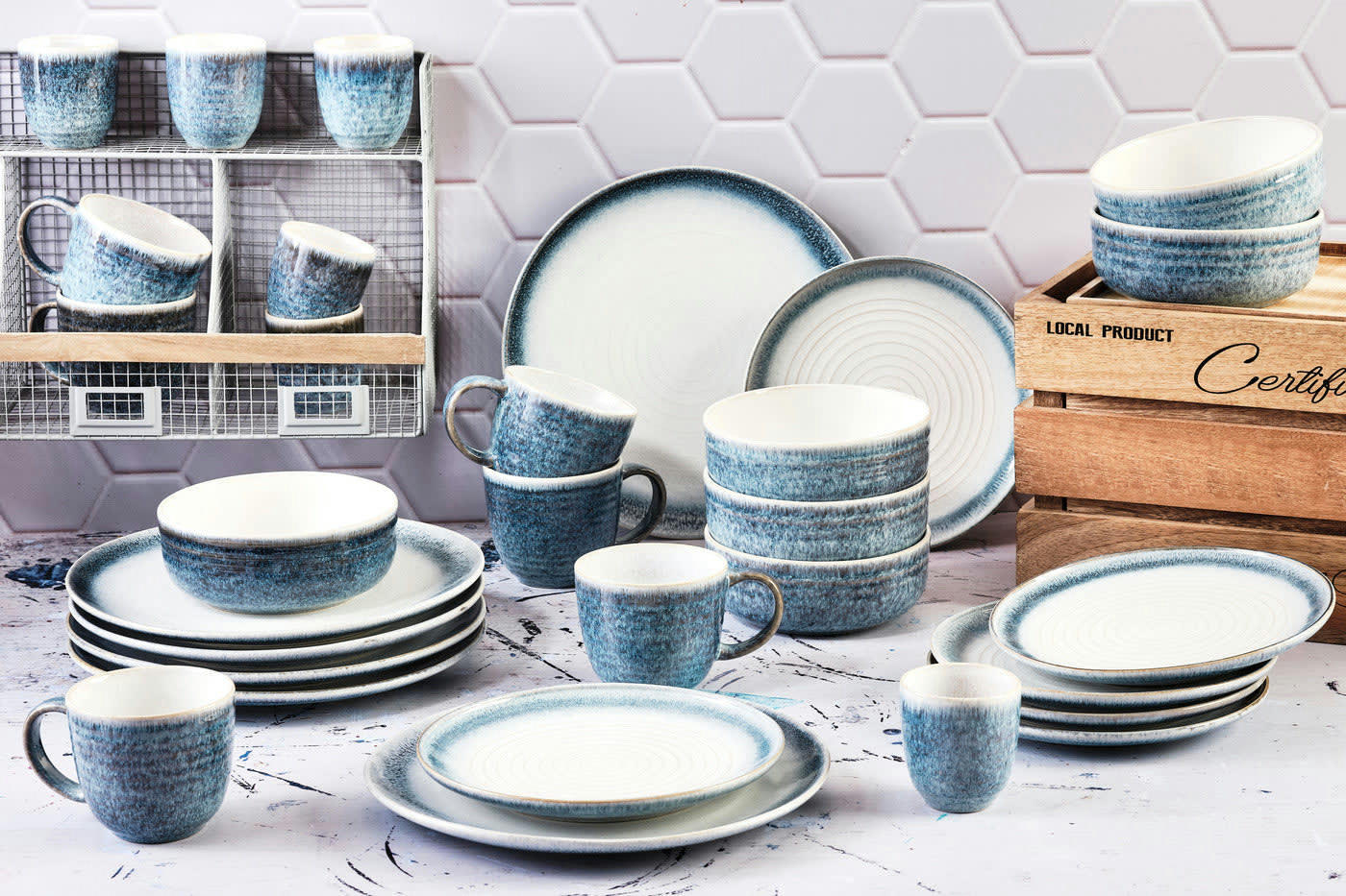 COSMOS - Set vaisselle 30 pièces en grès bleu