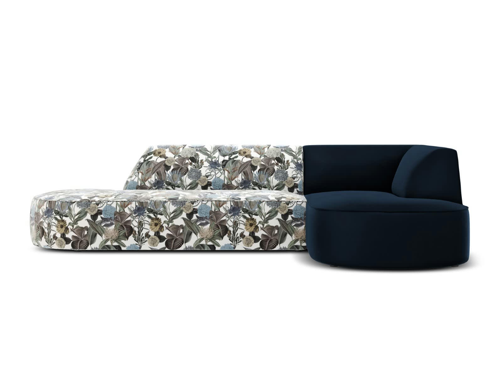 CHARLES - Canapé D'Angle Droit 4 places en Velours Motif de Jardin Bleu Clair