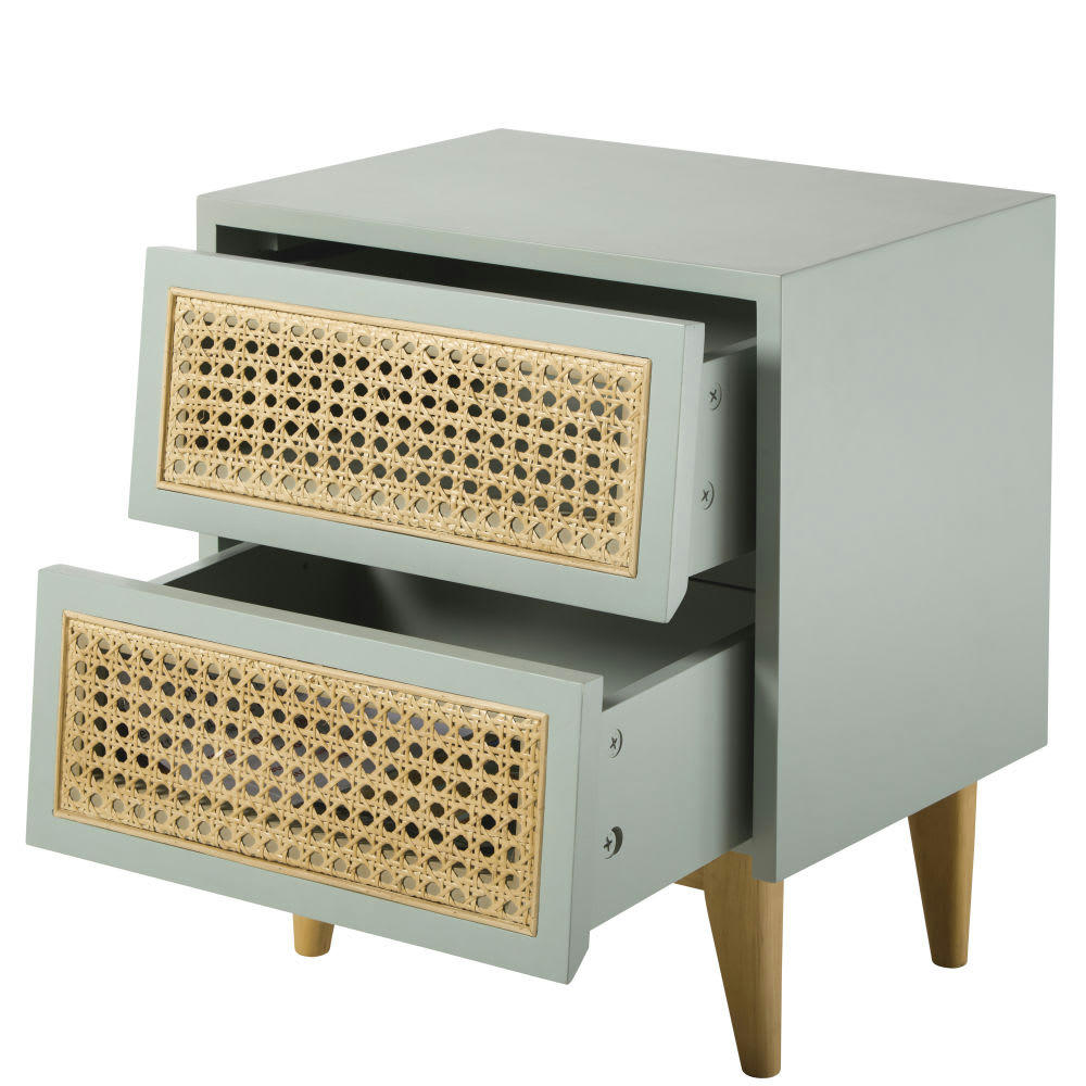 Suzelle - Table de chevet 2 tiroirs bleu gris cannage en rotin