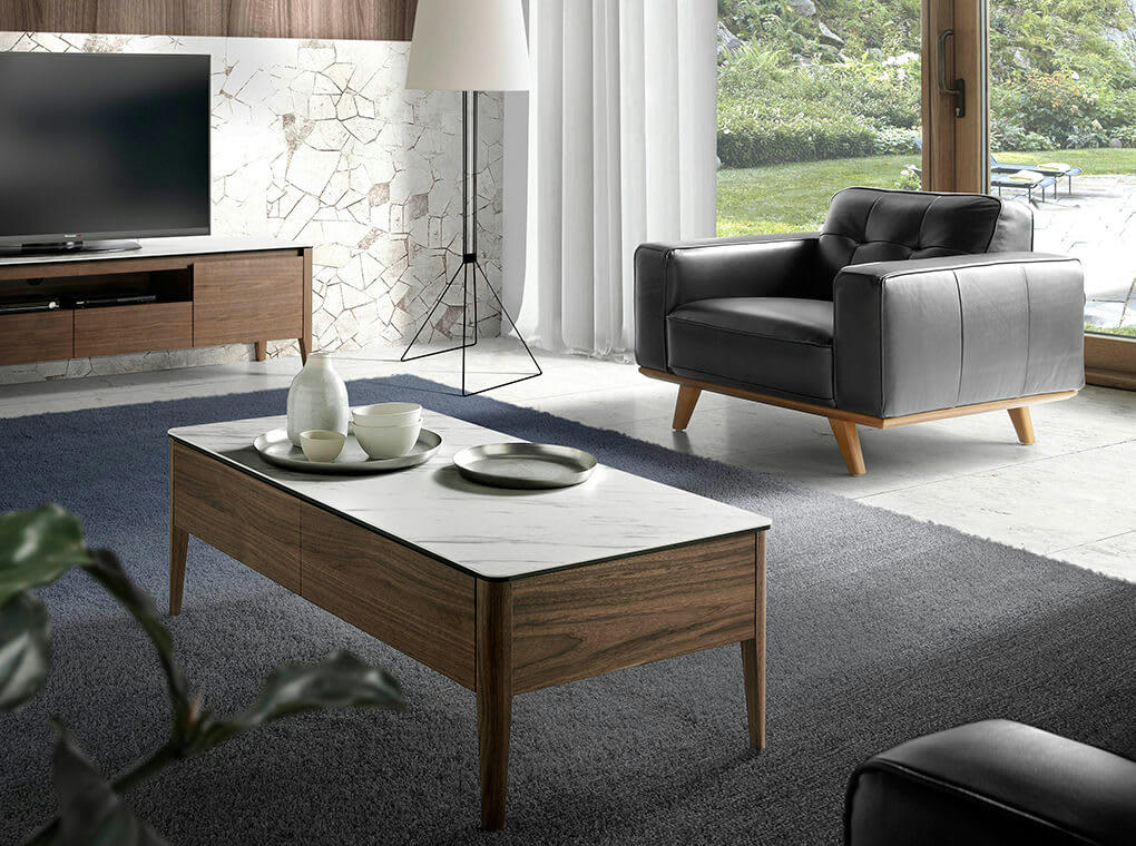 - Table basse en porcelaine blanc et effet bois noyer