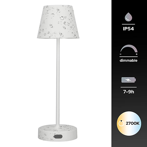 Lampe de table EDO NELI LED 2,7 W blanche avec batterie 2200 mAh IP54 lumière chaude 200 lm hauteur 33 cm EDO777642 NELI EDO